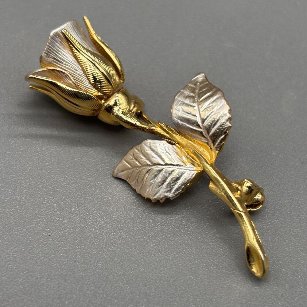 Vintage Signed Rose Brooch Gold Silver Tone Long Stem Floral Pin Giovanni Style